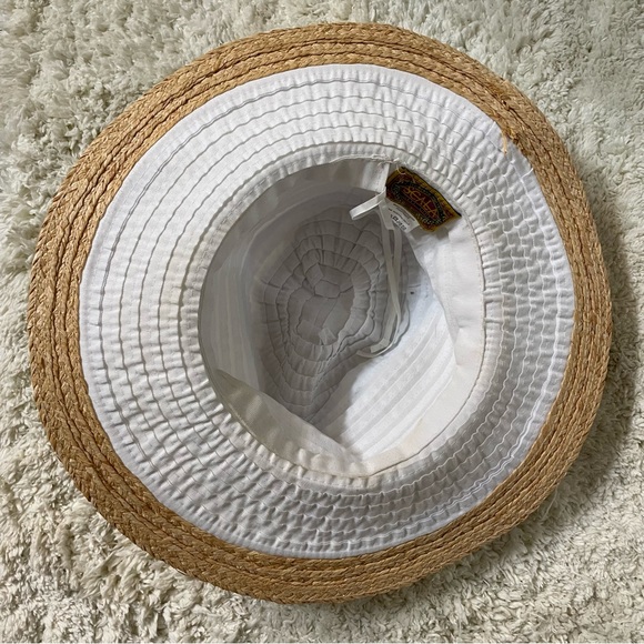 Scala white wide-brim adjustable floppy sun beach hat with tan raffia trim - Picture 7 of 8